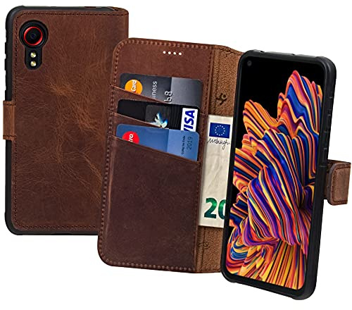 Suncase Book-Style Hülle kompatibel mit Samsung Galaxy XCover 7 Leder Tasche (Slim-Fit) Lederhülle Handytasche Schutzhülle Case mit 3 Kartenfächer in antik-Coffee