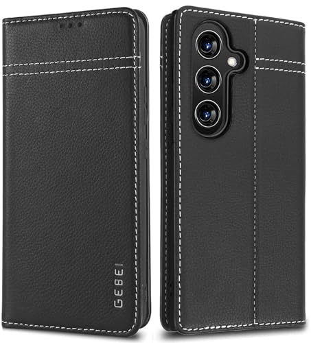 Gebei Hülle Echt Leder für Samsung Galaxy S24 5G - Premium Lederhülle mit Standfunktion Kartenfach Magnetverschluss Flip Case Ledertasche Handyhülle Schutzhülle Klapphülle – Schwarz