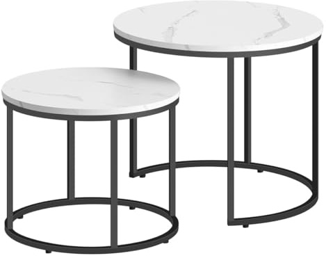 NMK HOME Couchtisch 53/43 cm, 2er Set rund in Marmoroptik, Schwarze Metallbeine, Industrial Design, platzsparend ineinander stellbar, für Wohnzimmer und Lounge