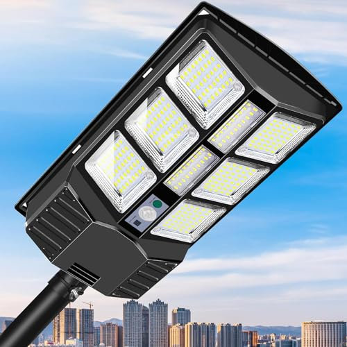 ZDYNASTY Lampadaires solaires d'extérieur – 600 W – Lampes solaires de stationnement 6000 K, lampes solaires à DEL 6000 K, détecteur de mouvement, étanche IP65 avec télécommande (600 W x 1 pièce)