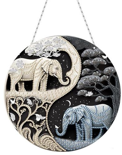 CXINLky DIY Diamond Painting Yin Yang Anhänger mit Kette, Diamant Painting Fensterbilder, Kreatives 5D Diamond Malerei Wandbehang Kits für Fenster Wand Eingang Garten Decor-05-Elefant
