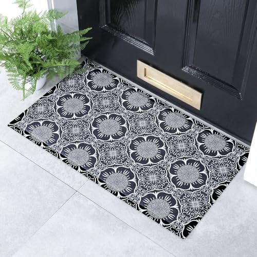 Artsy Mats Black & White Floral Pattern Indoor & Outdoor Door Mat - Incredibly & Weatherproof Doormats - Non Slip Mat, (70x40 cm)
