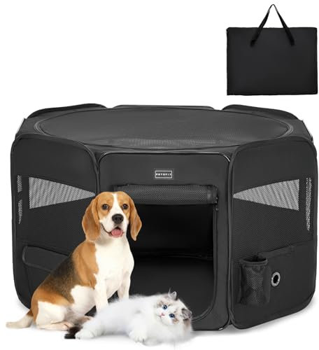 PETSFIT faltbar Welpenauslauf Tierlaufstall für Kleintiere Hunde Katzen,Hundelaufstall Freigehege mit Wasserdichter Boden,Pop-up System Kausicheres Design,Schwarz,M,92 * 84 * 53cm