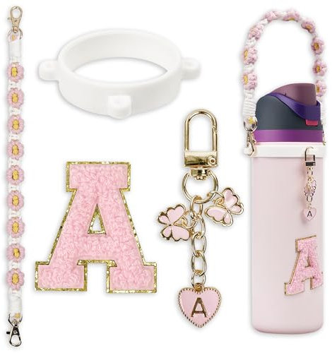 Cute Letter Charm Set Compatible with Owala Water Bottle, 24oz, 32oz, 40oz, Owala Kids, Owala Coffee Mug, Owala FreeSip, Includes Grip Strap for Owala Accessories and Stanley Cup Accessories, Blended