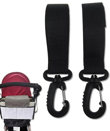 Stroller Clips and Hooks - 360° Rotate Bag Carabiner Set, 2pcs Large Fixed Hooks for Stroller, Hands- Holder | Black Polyester with for Strollers, Gear, Shopping Bags