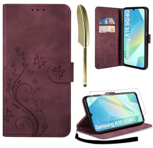 AROYI Lederhülle Kompatibel mit Samsung Galaxy A16 5G/4G Hülle und Schutzfolie, Flip Wallet Handyhülle PU Leder Case Kartensteckplätzen Schutzhülle Kompatibel mit Samsung Galaxy A16 5G Kastanienbraun