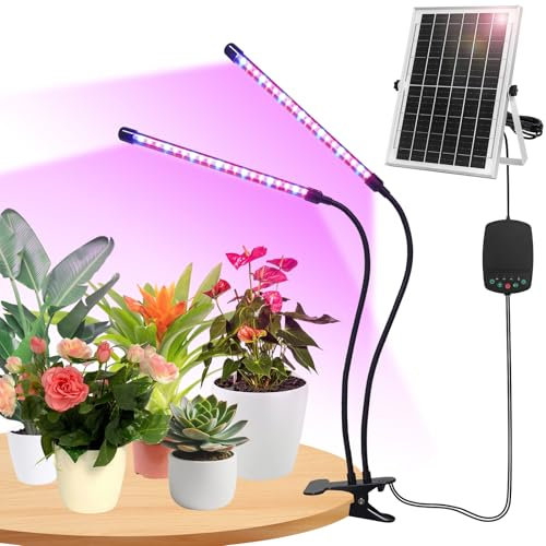Solar Grow Lights with Batteries, 2 Heads Clip Plant Growing Lamp with Red Blue Spectrum for Indoor Plants, 3/9/12H Timer, 3 Dimmable Level, Adjustable Gooseneck,3 Switch Modes, Auto On Off