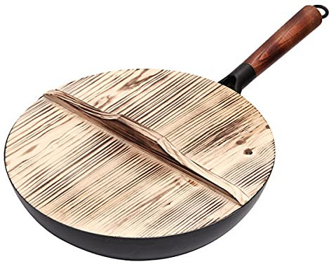 YXUANYZNB Sartén wok de acero al carbono martillado con mango de madera, olla de hierro chino, sartén sin revestimiento de 32 cm, sartén antiadherente adecuada para inducción eléctrica de gas