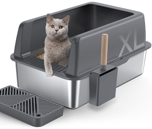 Gimars Caja de Arena XL de Acero Inoxidable 28L, Arenero Acero Inoxidable Gatos 60x40x31cm con Pala y Pedal, Bandeja Metálica Grande para Gatos Grandes y Medianos, Fácil de Limpiar y Duradera