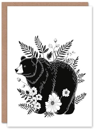 Artery8 Greeting Card Grizzly Bear and Wildflowers Black White Folk Art For Her Woman Birthday Card
