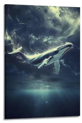 Poster mit Meerestieren, Buckelwal, gebogen, schwimmen im Licht, dekoratives Gemälde, Leinwand, Wandposter und Kunstdruck, moderne Familienschlafzimmer-Dekoration, Poster, 30 x 45 cm