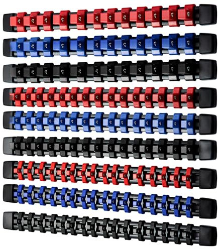 Trintion 9pcs Socket Organiser Socket Holders Organizers 1/4-Inch 3/8-Inch 1/2-Inch Socket Organizer Socket Rail Clips Rack Holder Blue Red Socket Rails for Steel Ball (9)