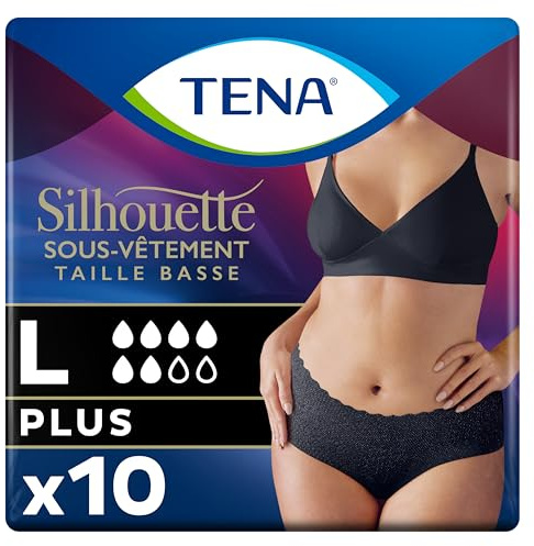 TENA Silhouette Normal Black L, niedrige Taille, 10 Stück | Einweg-Unterwäsche, saugfähig, mittlere bis starke Leckage, nach der Geburt, bequem und atmungsaktiv