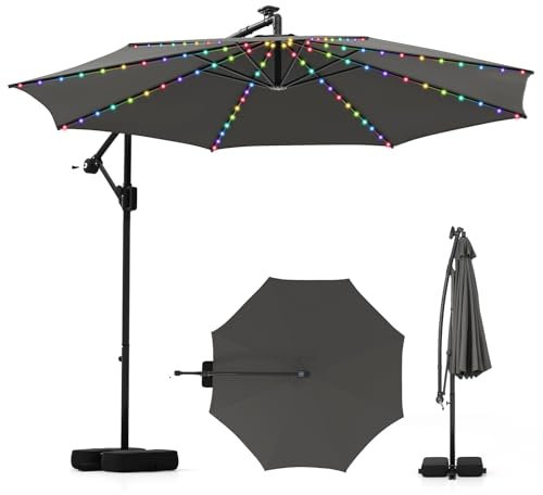 COSTWAY Sombrilla Terraza Exterior 3x3M con Base, Parasol Jardin con Iluminación LED, 9 Modos, 96 Luces, Ajuste de Inclinación, Rotación de 360°, Manivela, sombrillas para patio Jardín (Gris)