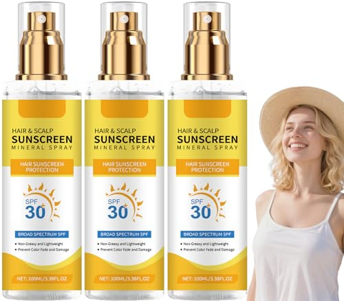 Kopfhaut Sonnenschutz Spray SPF30, UV Haarschutz, Mineralisches Sonnenspray für Haare & Kopfhaut, Fettfreie UV Abwehr, Verhindert Farbverblassen & Trockenheit, Strand/Wandern/Laufen, 100ml (3)