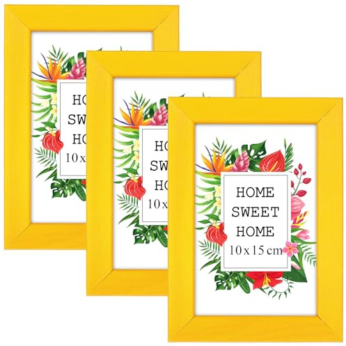 MG Design Set aus 3 Gelb Bilderrahmen A6 10 x 15 cm – Aus echtem Holz mit Acrylglas, zum Aufhängen & Aufstellen, für Fotos, Poster & Puzzle