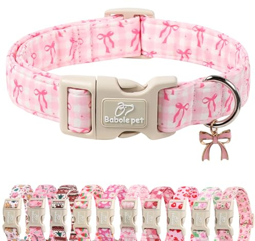 Babole Pet Collier pour chien de taille moyenne – Collier rose mignon à carreaux et nœud pour chiot, collier doux et réglable avec boucle à dégagement rapide – Taille M