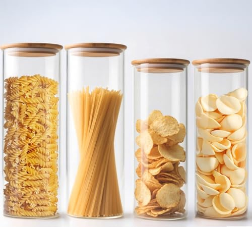 HomeyHoney Vorratsglas mit Holzdeckel Luftdicht, Vorratsgläser mit Deckel | Rund Glasbehälter mit Deckel aus Borosilikatglas, Glas mit Deckel für Kekse, Spaghetti, Zucker, (1,1+1,9 L) x2 4er Set
