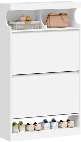 Hzuaneri Schuhschrank, Offenes Fach, 16-20 Paar, 2 Klappen (60B cm) | Schuhaufbewahrung, Holz Schuhkipper, Schuhregal, Trennwand Verstellbar, Große Kapazität für Flur, Garderobe, Weiß, SR63203X