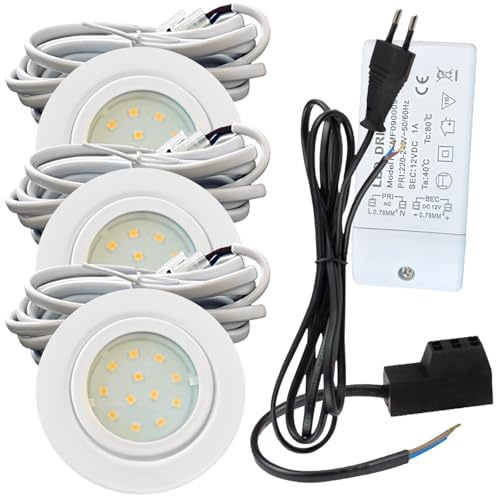 3er Set LED Einbauleuchte Leni 12V 2,2W Neutralweiß 4000K | IP44 Ø72mm flach Weiß | 240lm | Mit LED Trafo, AMP-Verteiler & 230V Steckerzuleitung | Ideal für Küche, Bad, Schrank & Möbelbeleuchtung