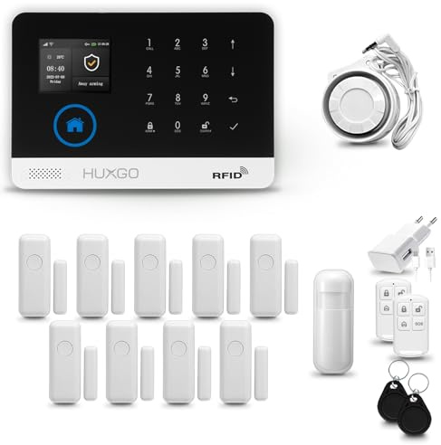 HUXGO® HXA003 Funk Alarmanlage Set WiFi + GSM mit Sirene | Alarm System mit Bewegungsmelder, 9X Tür- Fenstersensor, Fernbedienung | Smart Home Security