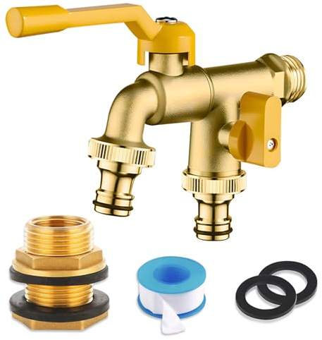 Doppel Garten Wasserhahn 1/2 Zoll Messing, 2-Wege Wasserhahn Verteiler mit 3/4 Zoll Schlauchanschluss, inkl. Regentonnendurchführung IG 1/2 AG 3/4, für Regentonne, Tank und Fass