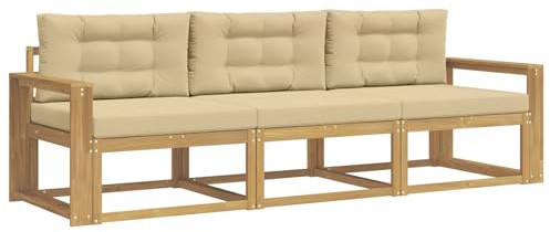 vidaXL Outdoor-Sofagarnitur mit Kissen 3 pcs Weiß und Beige Polyester, Akazienholz Sofa Set für draußen, modernes Loungemöbel, Flexibler Gartenplatz, wetterfeste Einrichtung