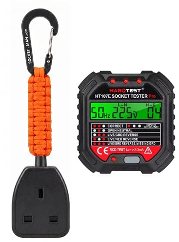 SOCKET MANS Socket Tester Holder and Socket Tester Kit, with Carabiner Clip, Paracord Strap, LCD Display, RCD Test (ORANGE)