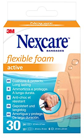 Nexcare Active Flexible Foam Pflaster, Verschiedene Größen, 30 Pflaster pro Packung, Atmungsaktive und wasserfeste Pflaster für kleine Wunden und Kratzer, Pflaster für Erste-Hilfe-Kits