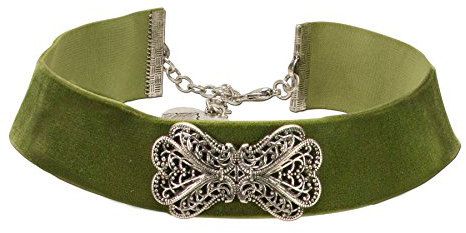 Alpenflüstern Trachten-Samt-Kropfband Ornament-Schleife - nostalgische Trachtenkette enganliegend, Kropfkette elastisch, eleganter Damen-Trachtenschmuck, Samtkropfband breit grün DHK207