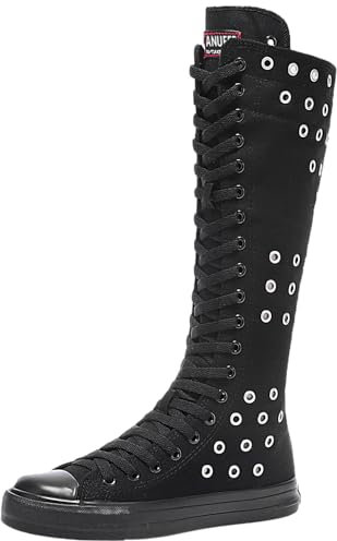 Jamron Mädchen Damen Modisch Knie Hoch Schnüren Segeltuch Stiefel Rein Schwarz Leinenschuhe Reißverschluss Tanzschuhe Ösen SN813 EU40