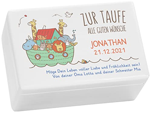 LAUBLUST Holzkiste zur Taufe - Arche Noah Farbmotiv - Personalisiertes Taufgeschenk - ca. 30 x 20 x 14 cm, Weiß, FSC®