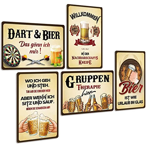 ZDFDC 5er Blechschild Set Retro Bier 20x30cm - Vintage Metallschild Lustig Spruch - Gruppen Therapie - Dart und Bier Das Gönn Ich mir - Schild Deko Geschenk für Bar Partykeller Club Pub (SET B)