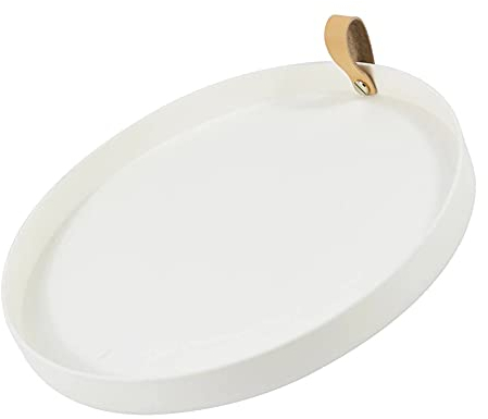 Desktop-Speicher-Tablett-Kunststoff rund, runder Desktop-Dekor-Tablett, Haushaltsplatte Tablett, Kunststoff Rund 10 Zoll stilvolle Tischdekorplatte mit PU-Griff für Küche und Badezimmer weiß