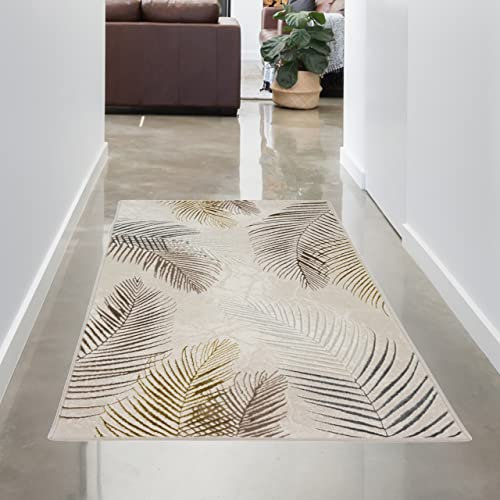 CARPETIA Moderner Wohnzimmer Designerteppich mit Palmenzweigen | pflegeleicht | Creme Gold, 60x110 cm