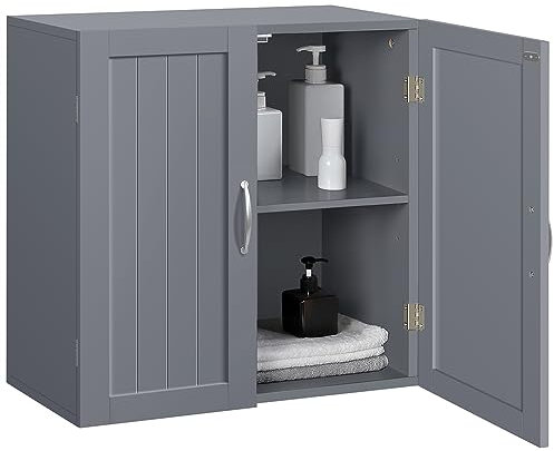 Yaheetech Armoire Murale Salle de Bains en Bois Meuble de Rangement Suspendu avec 2 Portes et Tablettes Réglables pour Cuisine Toilette 60 x 30 x 60 cm Gris Foncé