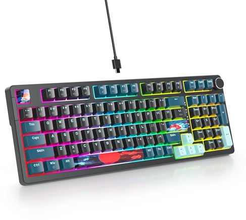 SOLIDEE Wired 95% Mechanische Gaming-Tastatur Hot Swappable,Gasket Structure RGB Hintergrundbeleuchtung,98 Tasten Mechanische Tastatur mit Steuerknopf,PBT Tastenkappen NKRO-Tastatur(98 Monstor(B))