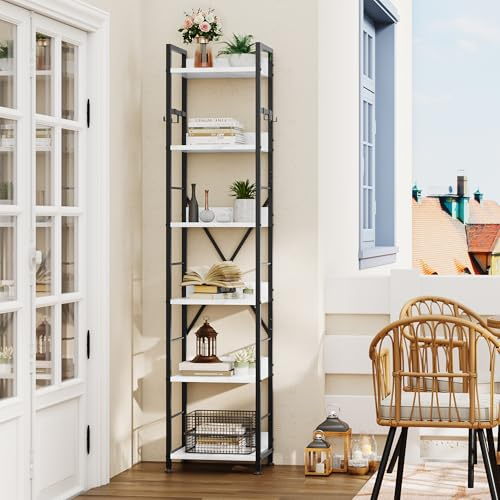 YITAHOME Bookcase 6 Tiers, Floor Standing Book Shelf with 4 Hooks, Wooden Shelf and Metal Frame Book Rack Industrial Tall Shelf Unit Storage for Living Room, Home Office, Marble Texture Bookshelf