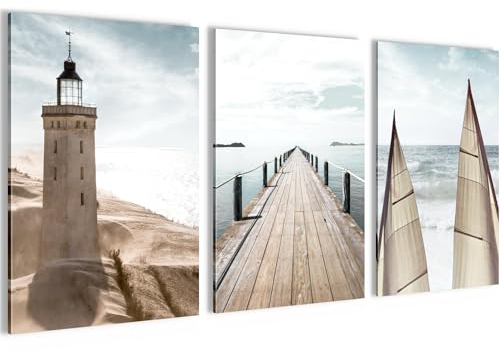 Novart Bilder Set Strand Meer Leuchtturm - Kein Extra Rahmen benötigt - Wandbilder für Wohnzimmer Schlafzimmer - 3 Teilig Deko Blau Beige - N007136a