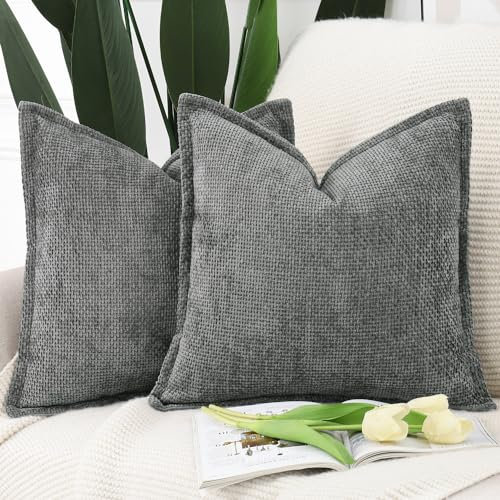 Madizz 2er Set Chenille Samt mit Rand Kissenbezüge Weiche Dekorativ Zierkissenbezüge Modern Kissenhülle für Sofa Wohnzimmer Schlafzimmer Dunkelgrau 60x60 cm