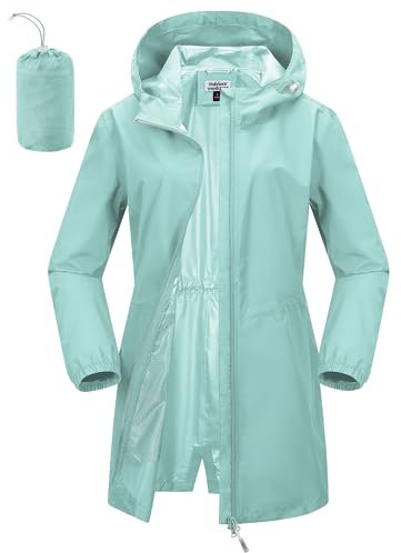 Outdoor Ventures Veste de pluie imperméable et pliable pour femme - Long - Léger - Coupe-vent - Respirant - Pour course à pied, golf, cyclisme - Avec capuche, vert menthe, 46