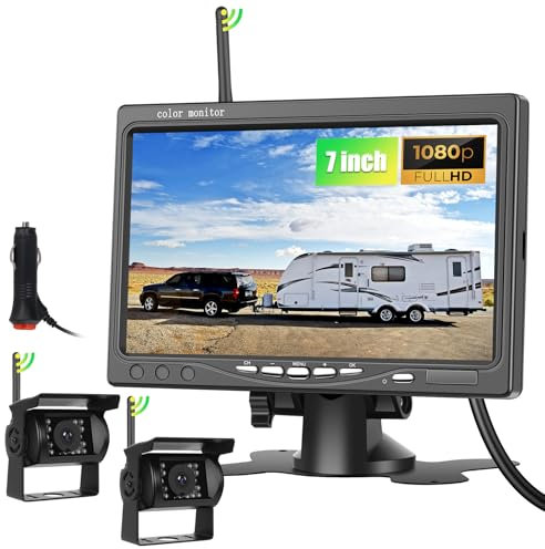 CAMECHO Kit Telecamere Retromarcia Wireless 1080P HD con Monitor 7 Pollici,2 Telecamere per Auto, Camper, Camion | Impermeabile IP68, Visione Notturna, Linee Guida, 12V-36V