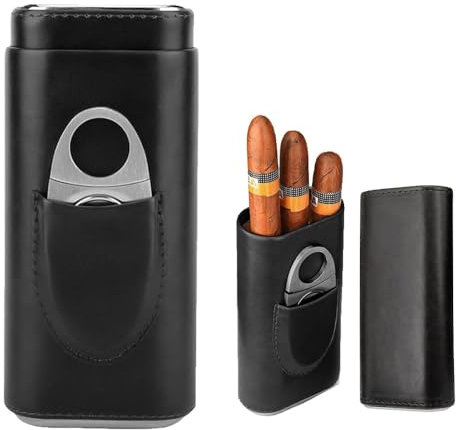 Zigarrenetui für 3 Zigarren,Zigarren Humidore, Leder Zigarrenetui, Leder Zigarren Etuis mit Zigarrenschneider aus Edelstahl,Tragbarer Humidor Zigarren | für Reise Kurztrips(Schwarz)
