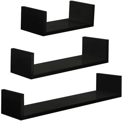 PREMZO Set of 3 U Shaped Floating Wall Shelves MDF Wooden Display Storage Rack Space Saving Wall Mounted Shelving Unit for Bedroom, Living Room, Kitchen, Home Décor Organiser (Black)