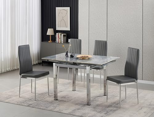 Furnizone UK Piccolo Grey Sintered Stone Extending Dining Table with 4 Monza Faux Leather Chairs Dining Set (Grey)