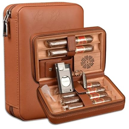 Volenx Leder Zigarren Humidor Set mit 3-in-1 Zigarrenfeuerzeug & Befeuchter, Tragbare Reise Leder Zigarrenetui für 6 Zigarren, Locher Zubehör, Geschenk für Weihnachten (Braun)