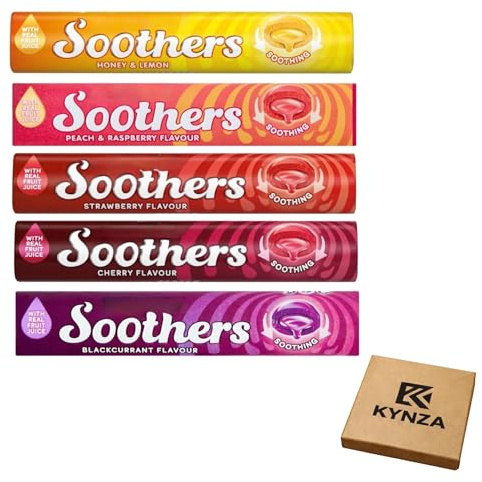 Soothers Variety Pack 5 x 45g, KYNZA Gift Box | Five Flavours Throat Sweets | Peach&Raspberry, Honey&Lemon, Blackcurrant, Cherry, Strawberry | Soothing Cough Sweets | Individually Wrapped Throat Lozenges