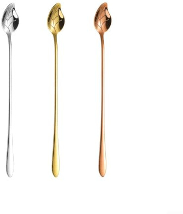 NEIQIUWING 304 rostfritt stål rörsked långhandtag bladform för kaffe te dessert silver guld (trädset)