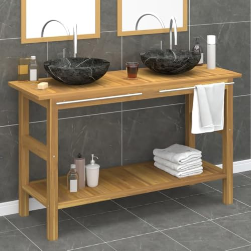 mzdioop Waschtisch mit schwarzen Marmorbecken aus massivem Teakholz 132x45x75 cm, Badschrank mit Stauraum und Handtuchhalter, Doppelwaschbecken für Badezimmer, Gäste WC