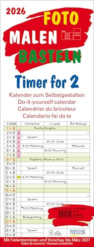 Foto-Malen-Basteln Timer for 2 2026: Familienplaner mit 3 Spalten als Bastelkalender zum Selbstgestalten. Familienkalender mit festem Bastelpapier. 19 x 50 cm